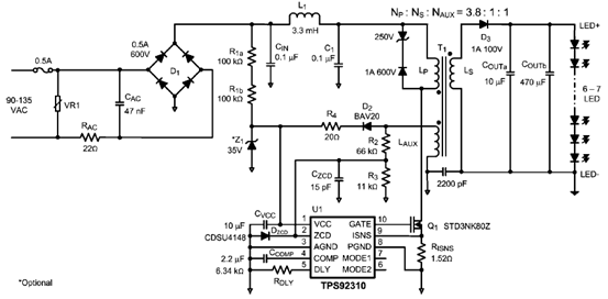 TPS92310大功率LED驱动器的典型应用电路图